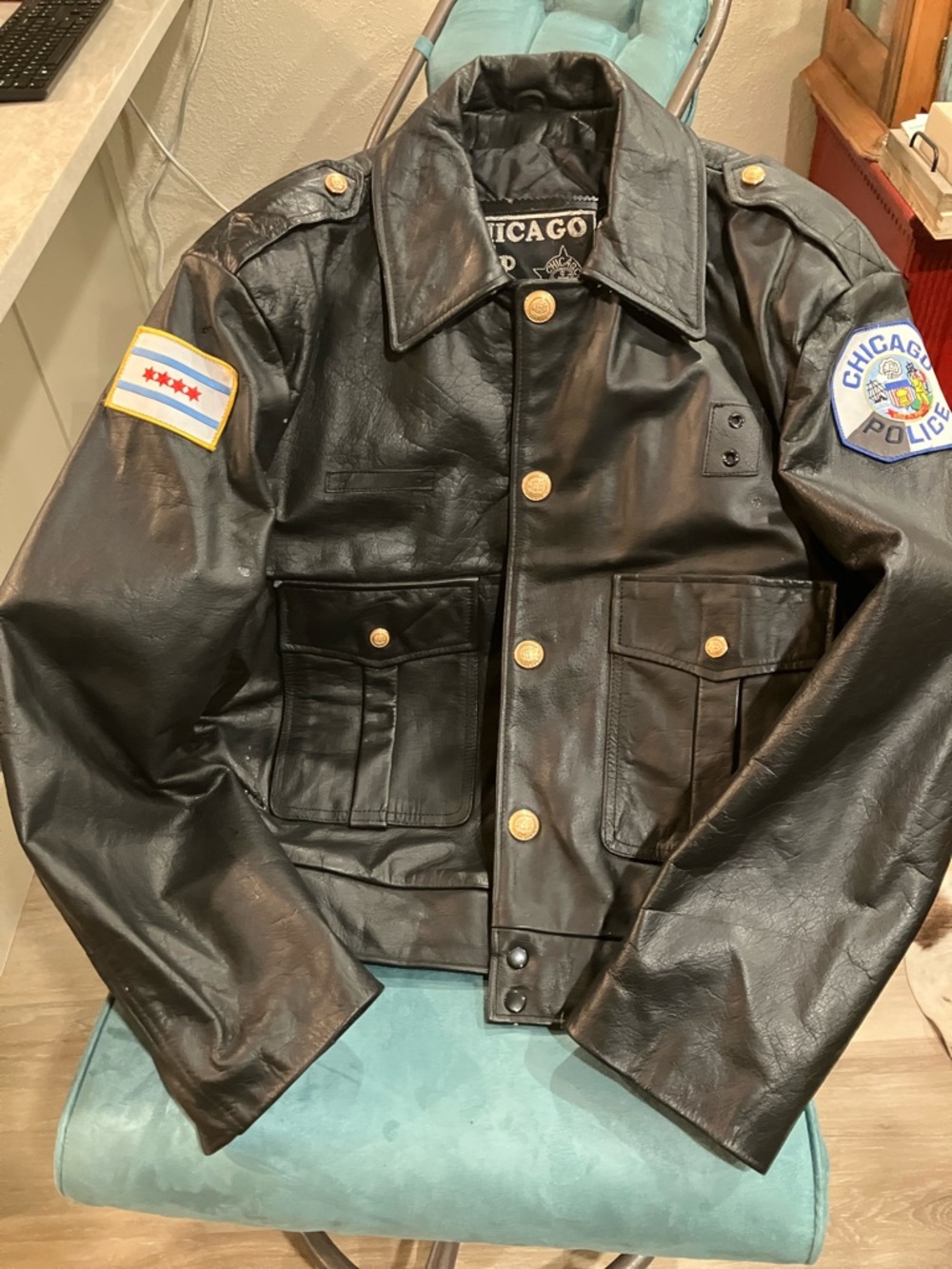 Chicago Cop Leather Jacket w/Gold Buttons & Police Patches.  Heavy. Never worn.